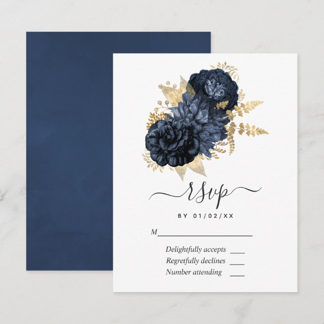 Navy Blue and Gold Vintage Roses RSVP Card (Front/Back)