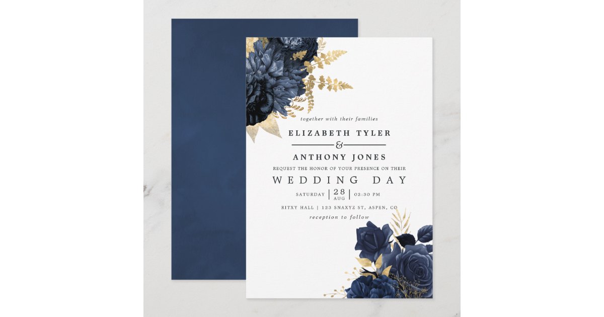 Navy Blue and Gold Vintage Shabby Roses Wedding Invitation | Zazzle