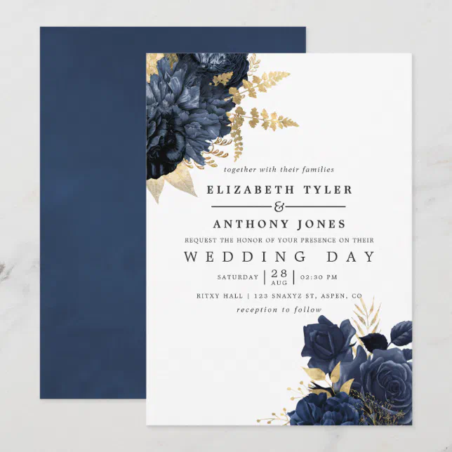 Navy Blue and Gold Vintage Shabby Roses Wedding Invitation | Zazzle