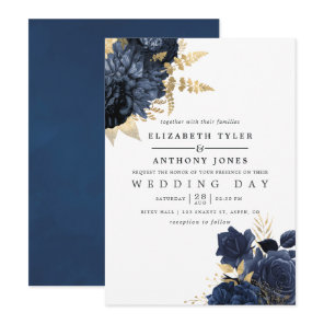 Navy Blue and Gold Vintage Shabby Roses Wedding Invitation