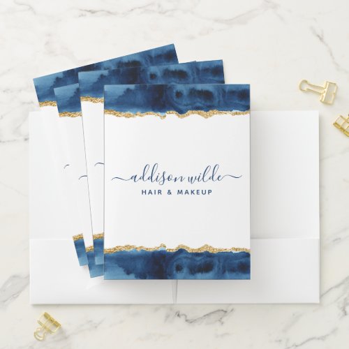 Navy Blue And Gold Watercolor Business Pocket Folder