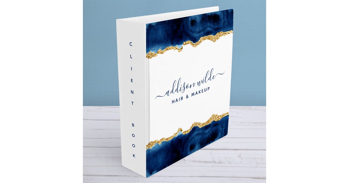 Navy Blue And Gold Watercolor Client Business 3 Ring Binder | Zazzle