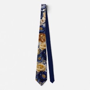 Navy Blue and Gold Watercolor Peony Wedding Groom Neck Tie