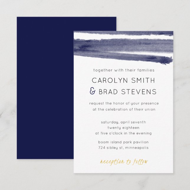 Navy Blue and Gold Watercolor Striped Wedding Invitation (Front/Back)