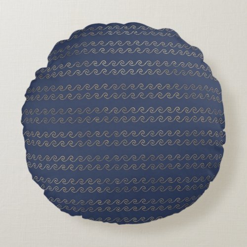 Navy Blue and Gold Waves design Round Pillow