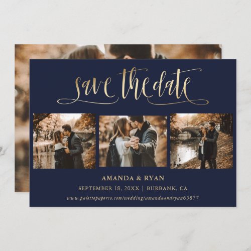 Navy Blue and Gold Wedding 4 Photo Save The Date
