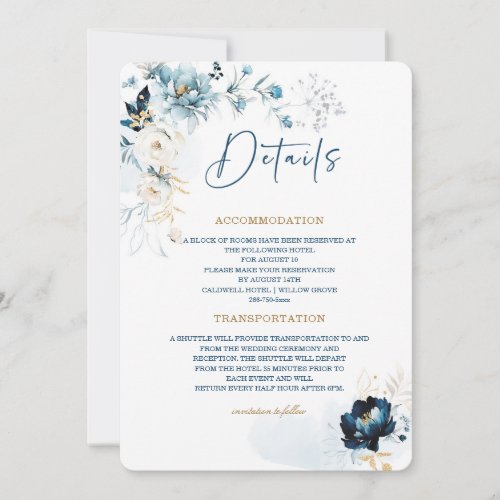 Navy Blue and Gold  Wedding Details Card