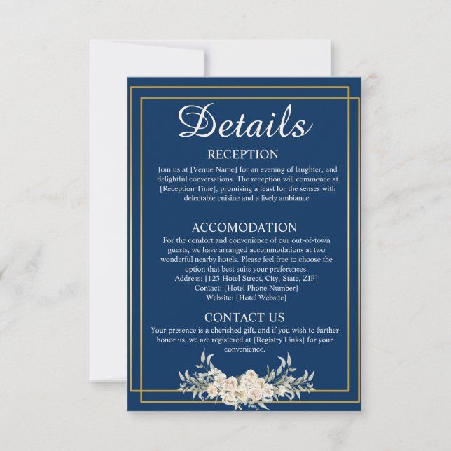 Navy Blue and Gold Wedding Details Enclosure Card (Front)