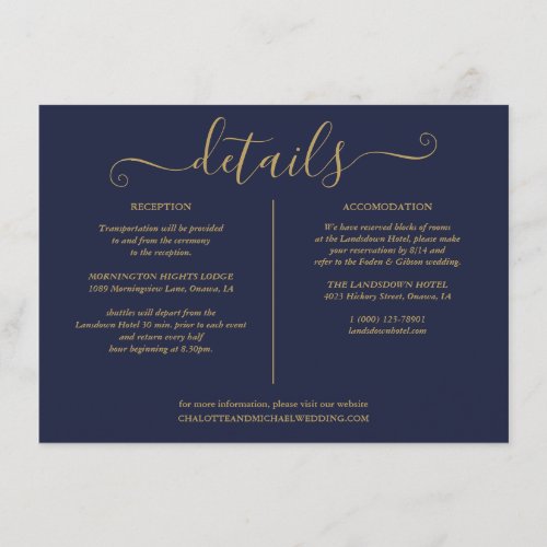 Navy Blue And Gold Wedding Details Information Enclosure Card