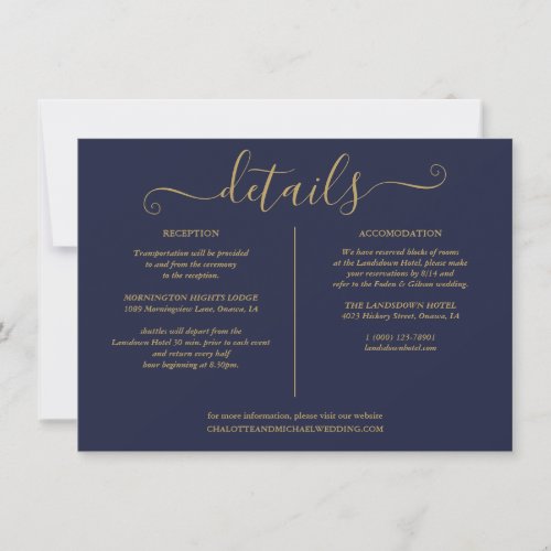 Navy Blue And Gold Wedding Details Information Invitation