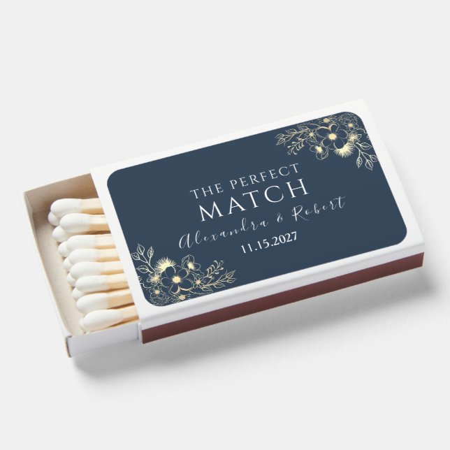Navy Blue and Gold Wedding Favor Matchboxes (Front Open)
