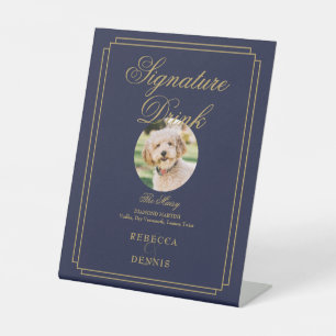 Navy Blue And Gold Wedding Pet Signature Drink Pedestal Sign