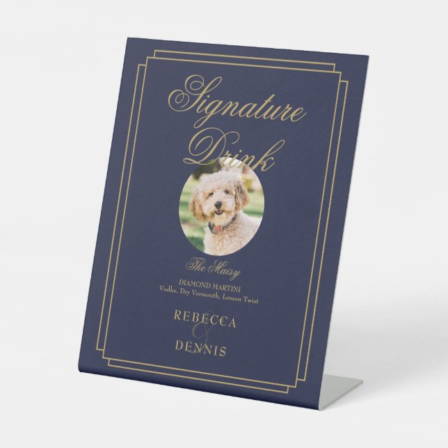 Navy Blue And Gold Wedding Pet Signature Drink Pedestal Sign (Front)