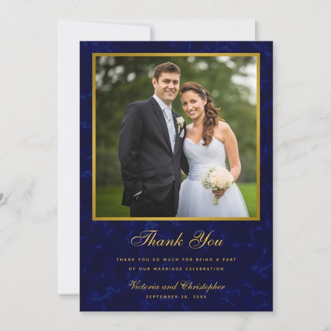 Navy Blue and Gold Wedding Photo Thank You Card (Front)