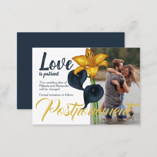 Navy Blue and Gold Wedding Postponement Advice Card