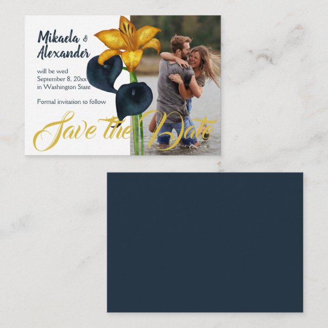 Navy Blue and Gold Wedding Save-the-Date Advice Card (Front/Back)