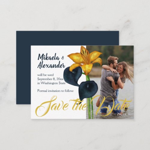 Navy Blue and Gold Wedding Save_the_Date Advice Card