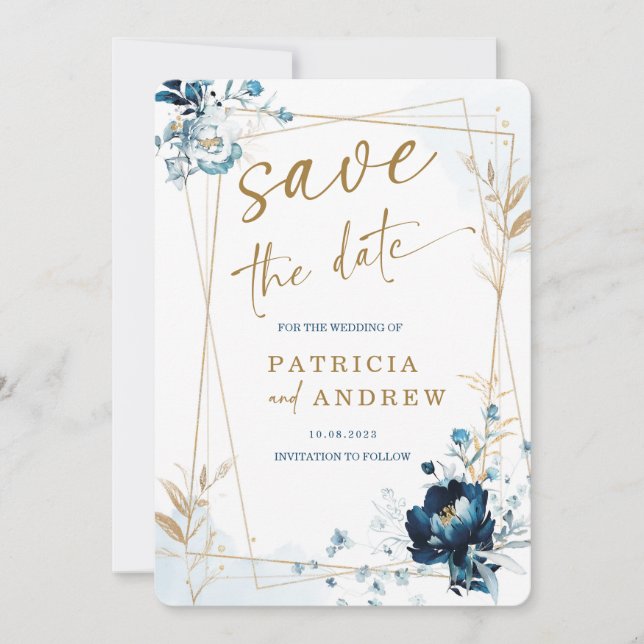 Navy Blue and Gold Wedding Save the Date Invitation (Front)