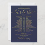 Navy Blue And Gold Wedding Schedule Timeline Card<br><div class="desc">This stylish navy blue wedding schedule timeline can be personalised with your wedding details in chic lettering. Designed by Thisisnotme©</div>