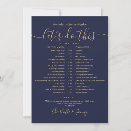 Navy Blue And Gold Wedding Schedule Timeline Card