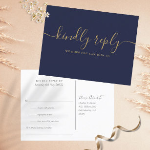 Navy Blue And Gold Wedding Song Request RSVP Invitation Postcard