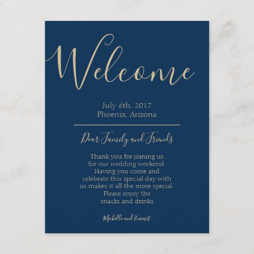 Navy Blue and Gold Wedding Welcome Itinerary Note Enclosure Card