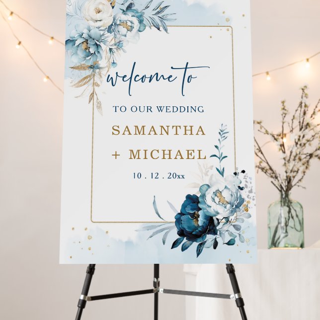 Navy Blue and Gold Wedding Welcome Sign (In Situ (Stand))
