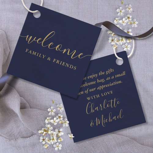 Navy Blue And Gold Welcome Wedding Gift Basket Bag Favor Tags