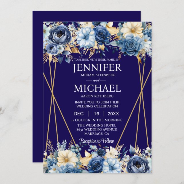 Navy Blue and Gold Winter Wedding Invitations (Front/Back)