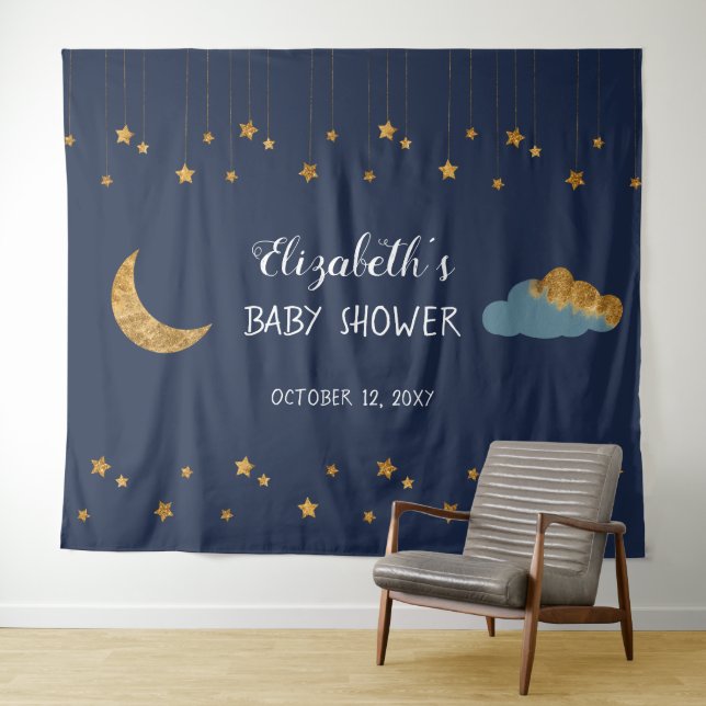 Navy Blue and Golden Stars Baby Shower Backdrop (In Situ (Horizontal))