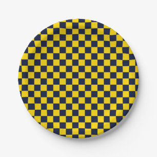 Navy Blue and Golden Yellow Checkerboard Paper Plates
