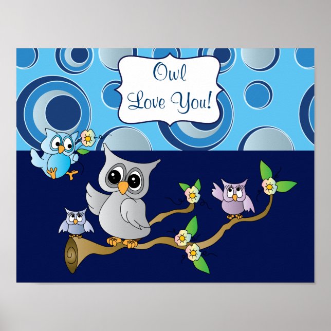 Navy Blue and Gray  Baby Owl Nursery Design Poster (Front)