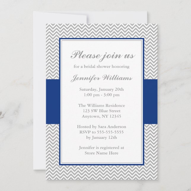 Navy Blue and Gray Chevron Bridal Shower Invitation (Front)