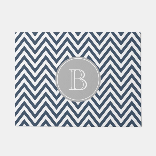 Navy Blue and Gray Chevron Custom Monogram Doormat (Front)