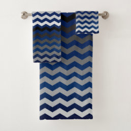 Navy Blue and Gray Chevron Stripes Bath Towel Set