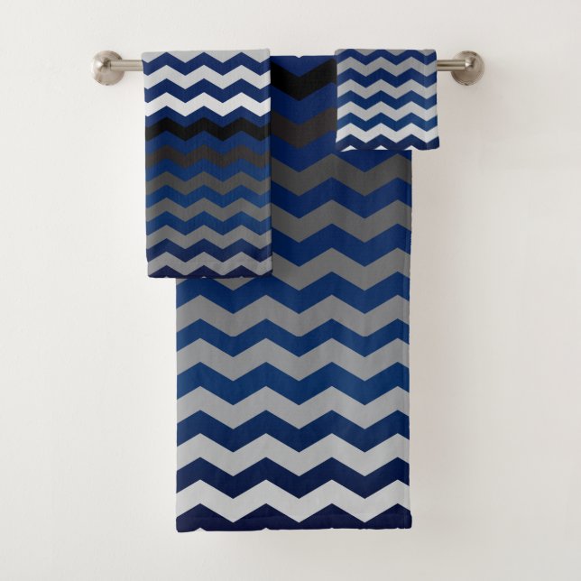 Navy Blue and Gray Chevron Stripes Bath Towel Set (Insitu)