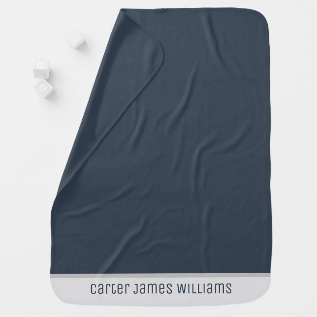 Navy Blue and Gray Custom Name Baby Blanket (In Situ)