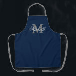 Navy blue and gray custom name monogram kitchen apron<br><div class="desc">Navy blue and gray custom name monogram kitchen Apron for men and women. Personalized cooking aprons in any color. Elegant template with stylish script typography lettering. Add your own name or quote. Create your own unique Birthday party gift for mom, dad, wife, husband, friend, grandma, grandpa, kids, boss, co worker,...</div>