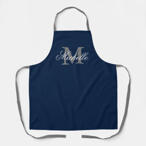 Navy blue and gray custom name monogram kitchen apron