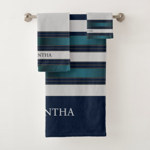 Navy Blue And Gray Geometric Stripes Name Bath Towel Set