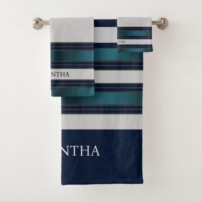 Navy Blue And Gray Geometric Stripes Name Bath Towel Set (Insitu)