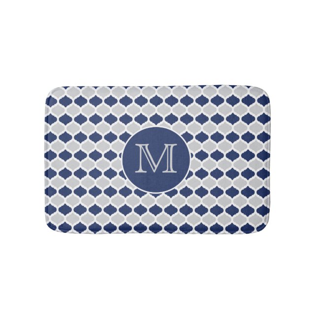 Navy Blue and Gray Quatrefoil Monogram Bath Mat (Front)