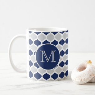 Navy Blue and Gray Quatrefoil Monogram Coffee Mug