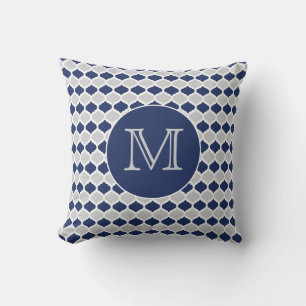 Navy Blue and Gray Quatrefoil Monogram Throw Pillow