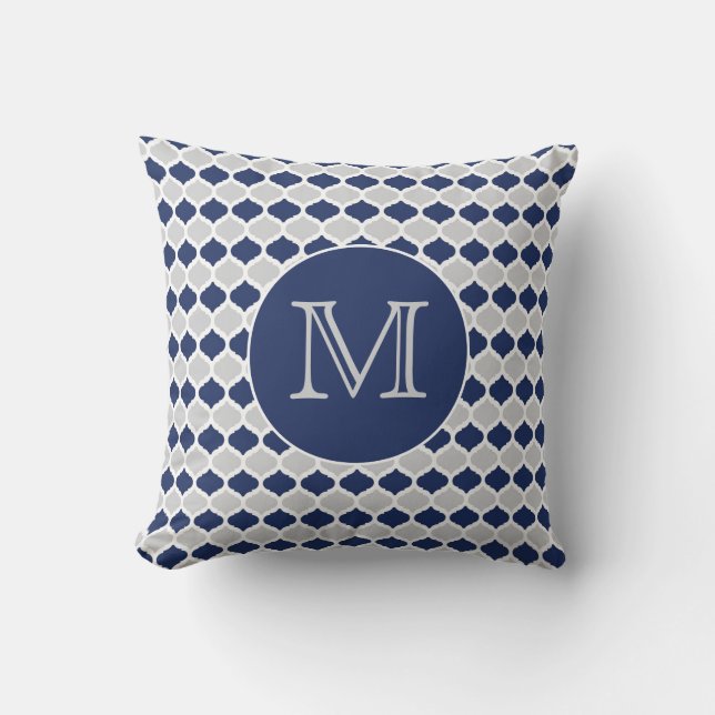 Navy Blue and Gray Quatrefoil Monogram Throw Pillow (Front)
