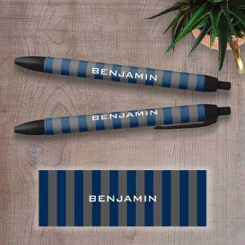 Navy Blue And Gray Rugby Stripes Name Number Black Ink Pen by MarshBaby at Zazzle
