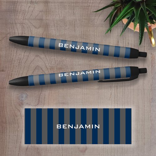 Navy Blue and Gray Rugby Stripes Name Number Black Ink Pen