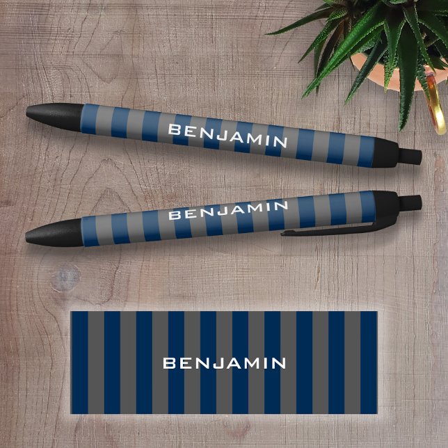 Navy Blue and Gray Rugby Stripes Name Number Pen (Personalized Writing Pen )