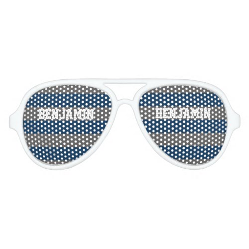 Navy Blue and Gray Rugby Stripes with Custom Name Aviator Sunglasses