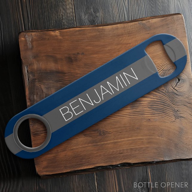 Navy Blue and Gray Rugby Stripes with Custom Name Bar Key (Custom Bar Key)